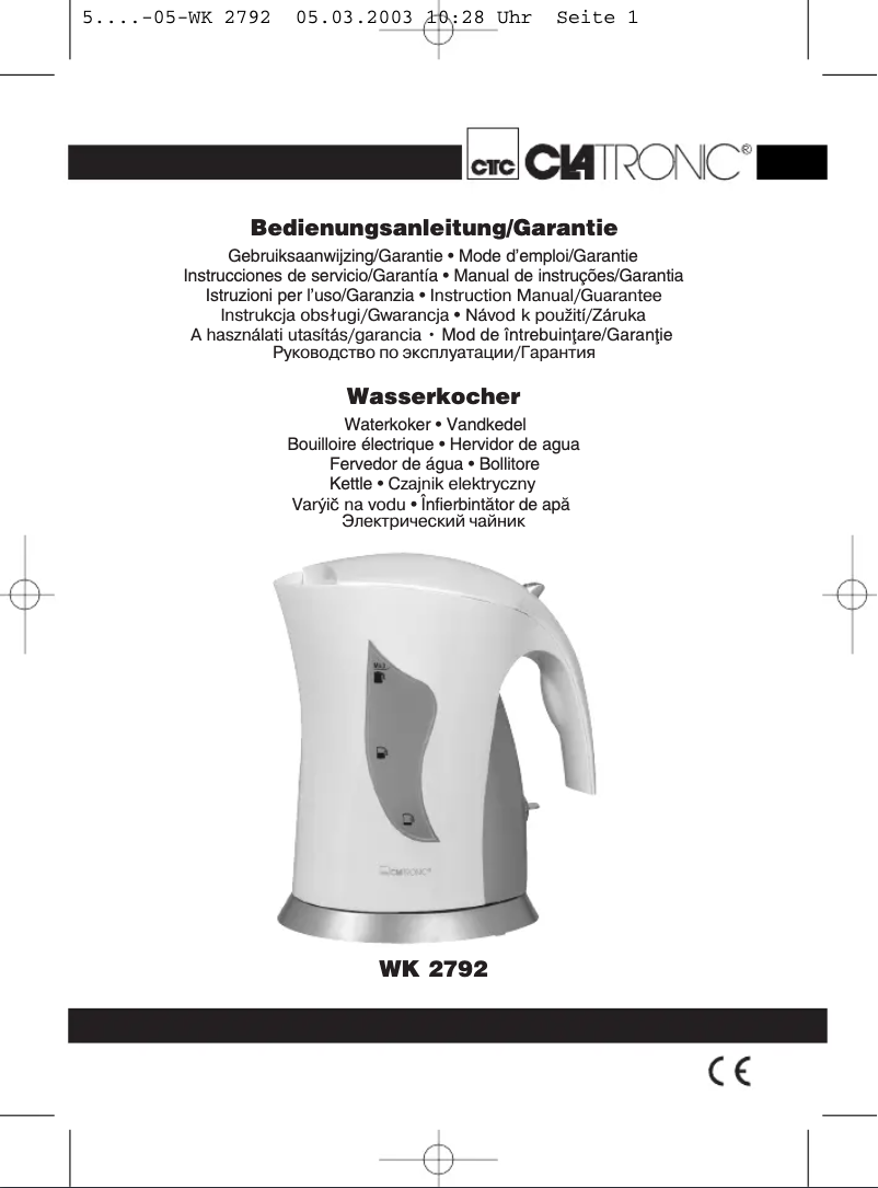 Page 1 de la notice Manuel utilisateur Clatronic WK 2792