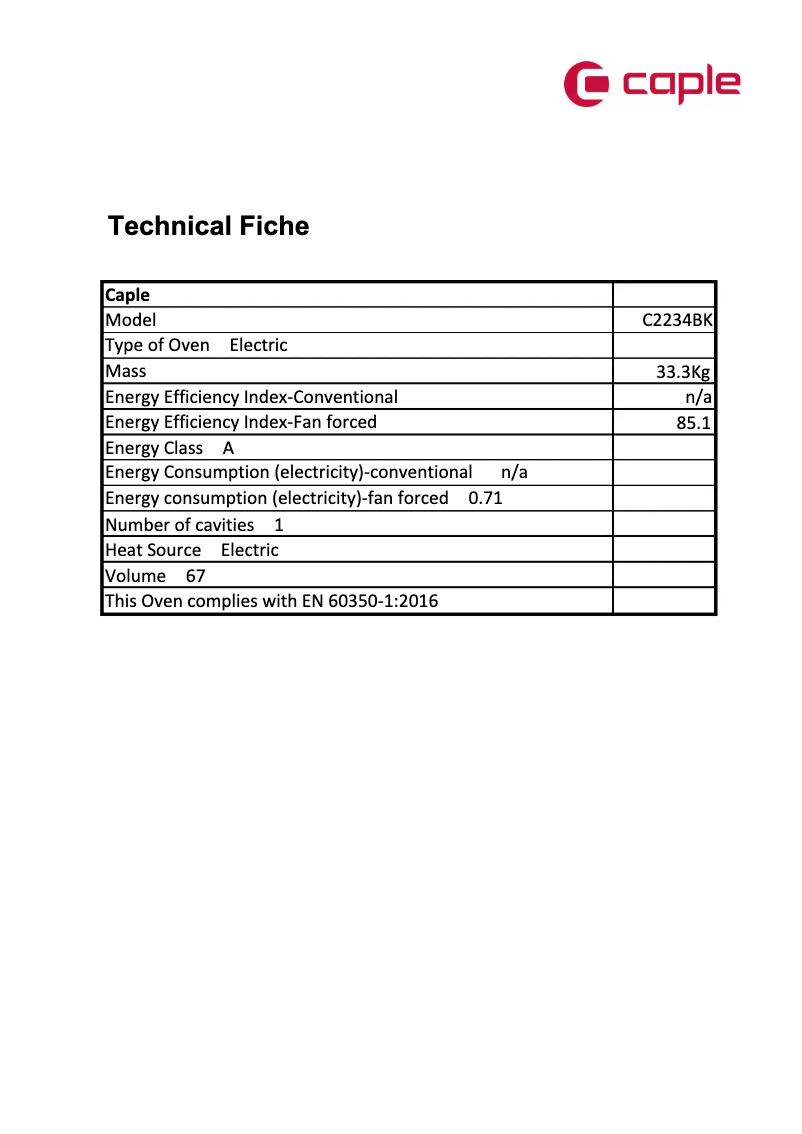 Page n°1 - Fiche technique Caple C2234BK