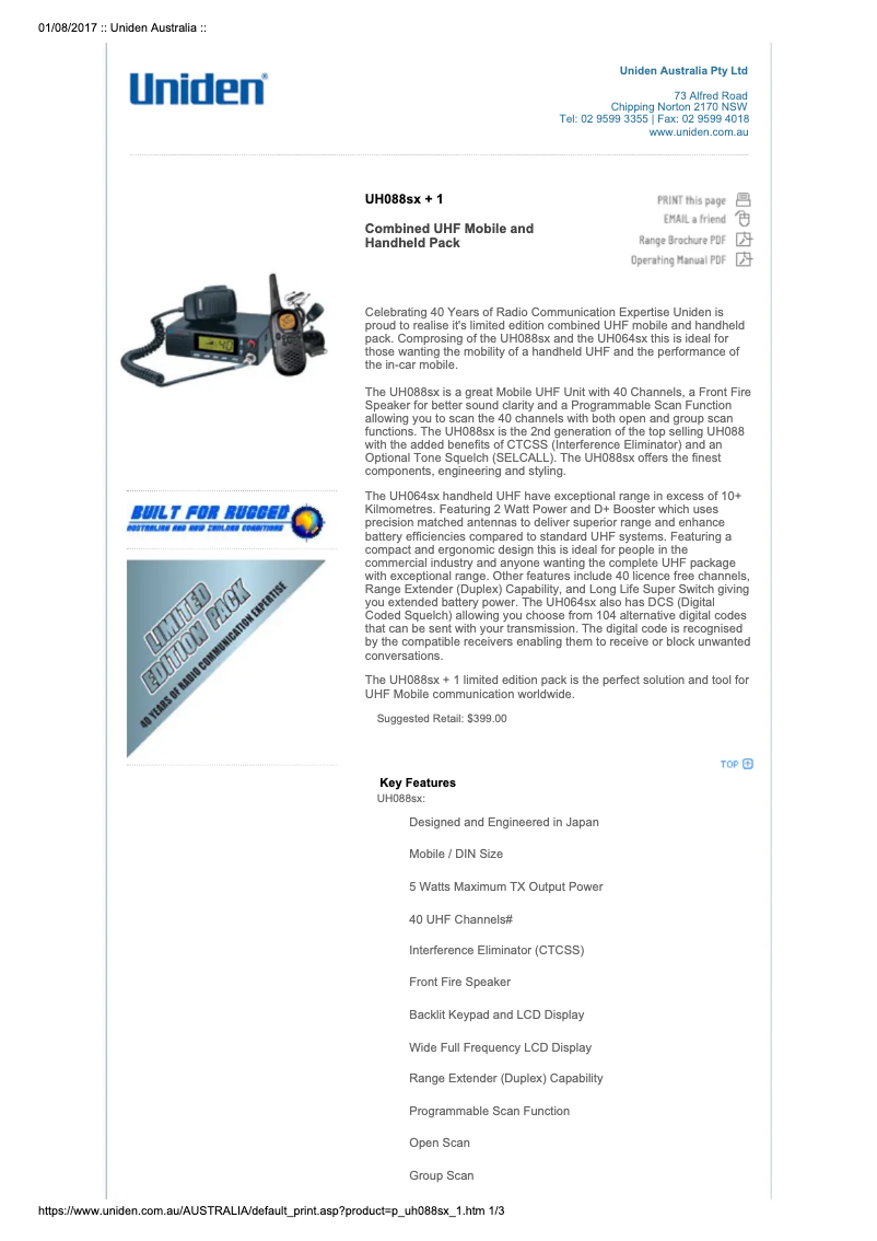 Page n°1 - Manuel utilisateur Uniden UH088SX