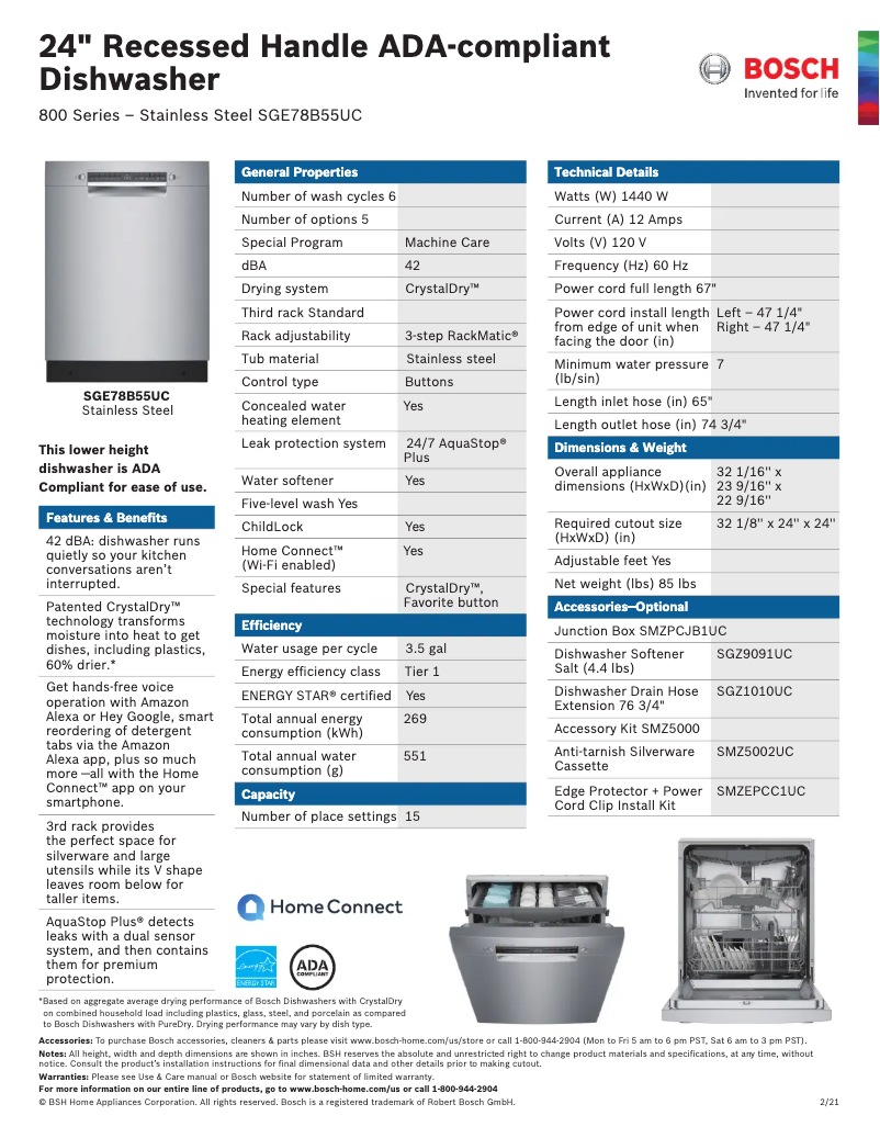 Página 1 del manual Ficha técnica Bosch SGE78B55UC