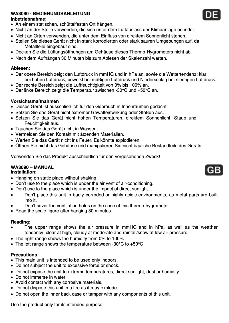 Page 1 de la notice Manuel utilisateur Techno Line WA 3090