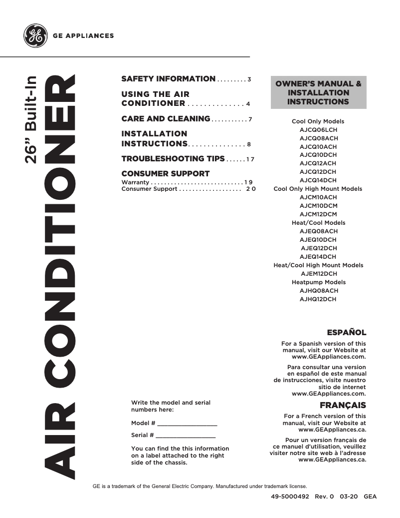 Page n°1 - Manuel utilisateur GE AJEQ10DCH