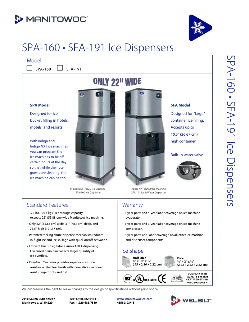 Page 1 de la notice Fiche technique Manitowoc SFA-191