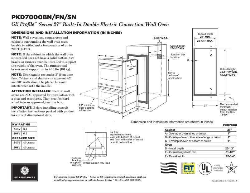 Page 1 de la notice Fiche technique GE Profile PKD7000BNTS