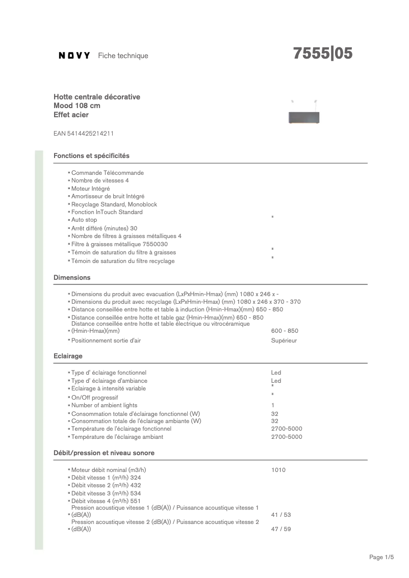 Page 1 de la notice Fiche technique Novy Mood 7555