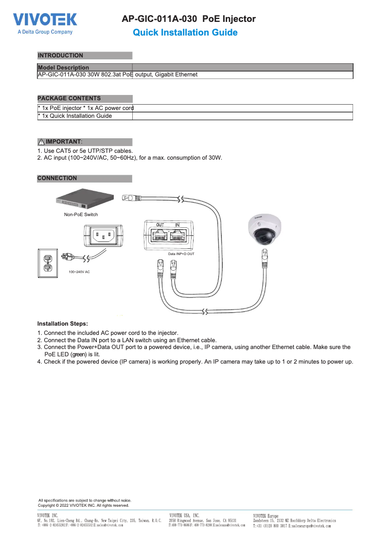 Page n°1 - Mode d'emploi Vivotek AP-GIC-011A-030