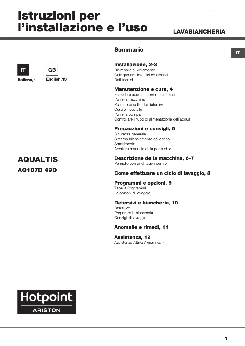 Image de la première page du manuel de l'appareil AQ107D 49D IT