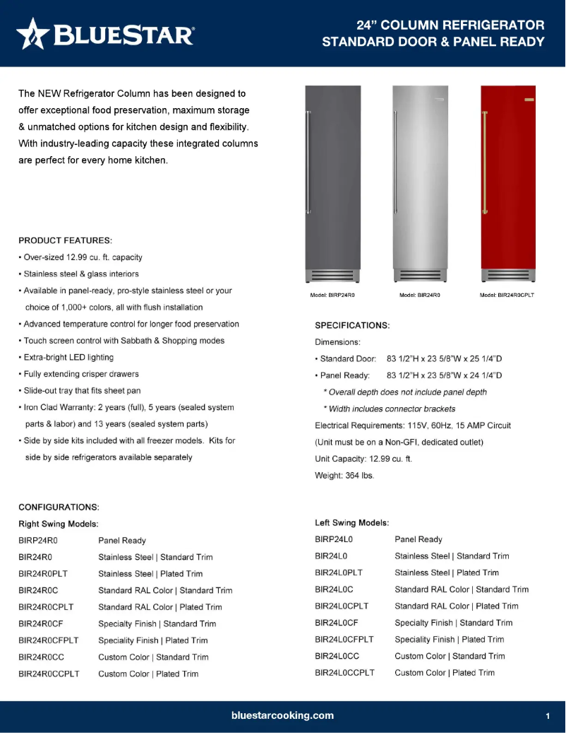 Page 1 de la notice Fiche technique BlueStar BIR24L0