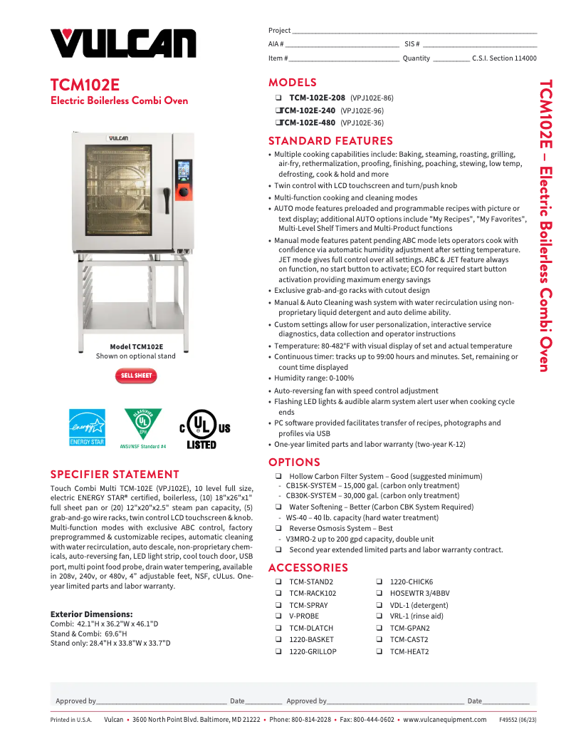 Página 1 del manual Ficha técnica Vulcan TCM-102E