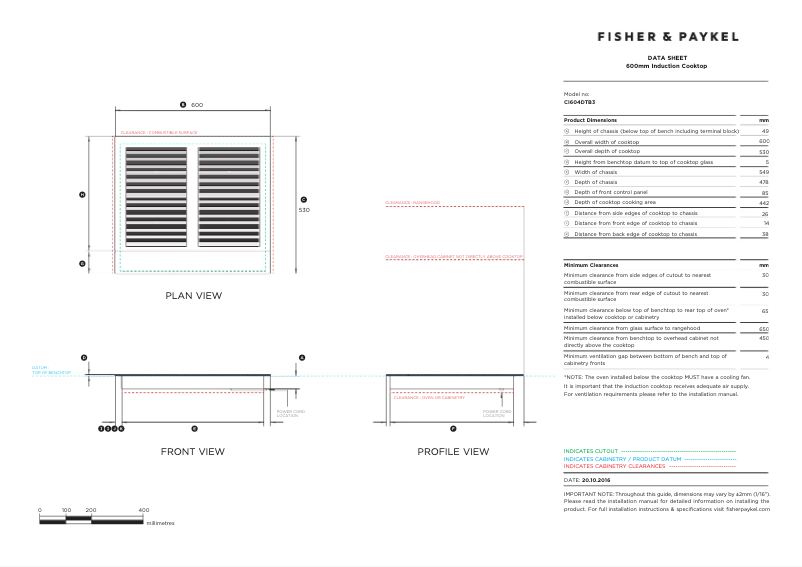 Page 1 de la notice Fiche technique Fisher & Paykel CI604DTB3