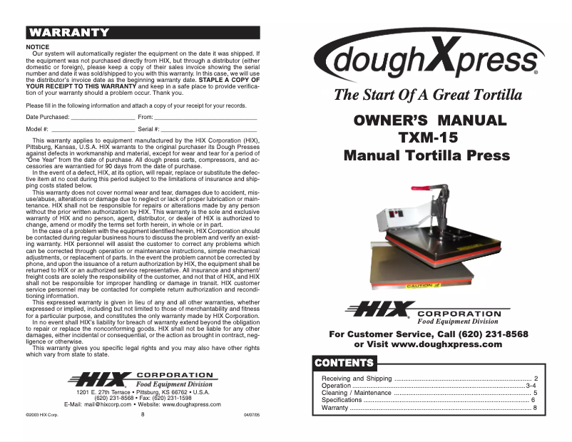 Page n°1 - Manuel utilisateur DoughXpress TXM-15