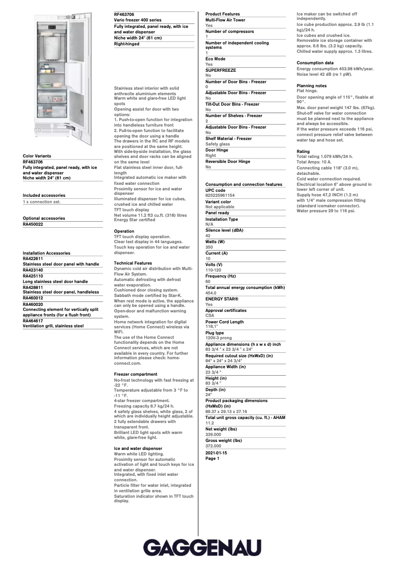 Page 1 de la notice Fiche technique Gaggenau RF463706