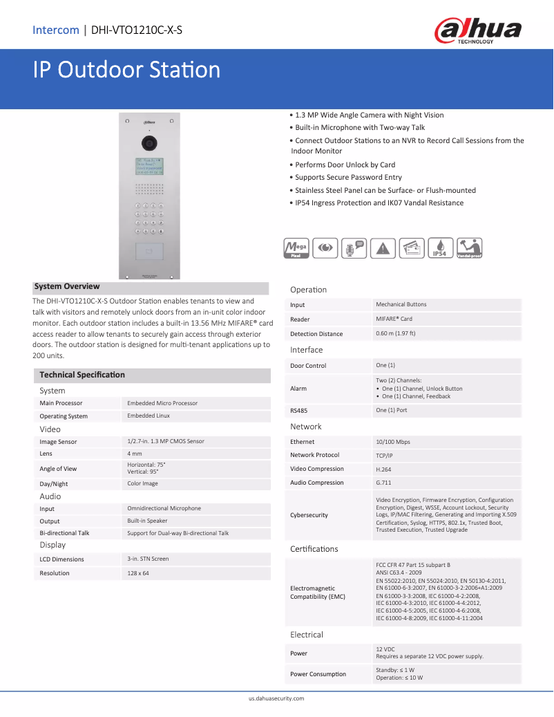 Page 1 de la notice Fiche technique Dahua Technology DHI-VTO1210C-X-S