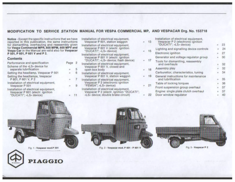 Page 1 de la notice Manuel utilisateur Vespa Vespacar P 501