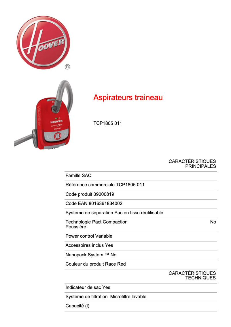 Page 1 de la notice Fiche technique Hoover TCP1805 011
