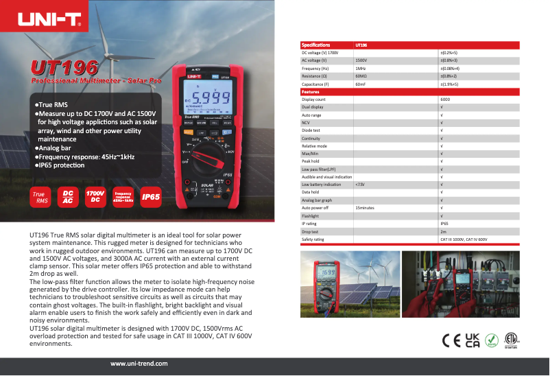 Page n°1 - Fiche technique Uni-T UT196
