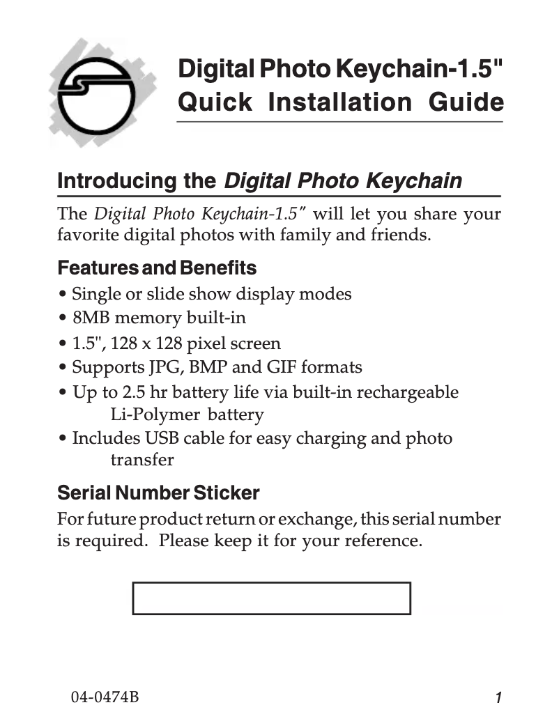 Page 1 de la notice Manuel utilisateur Siig Digital Photo Keychain