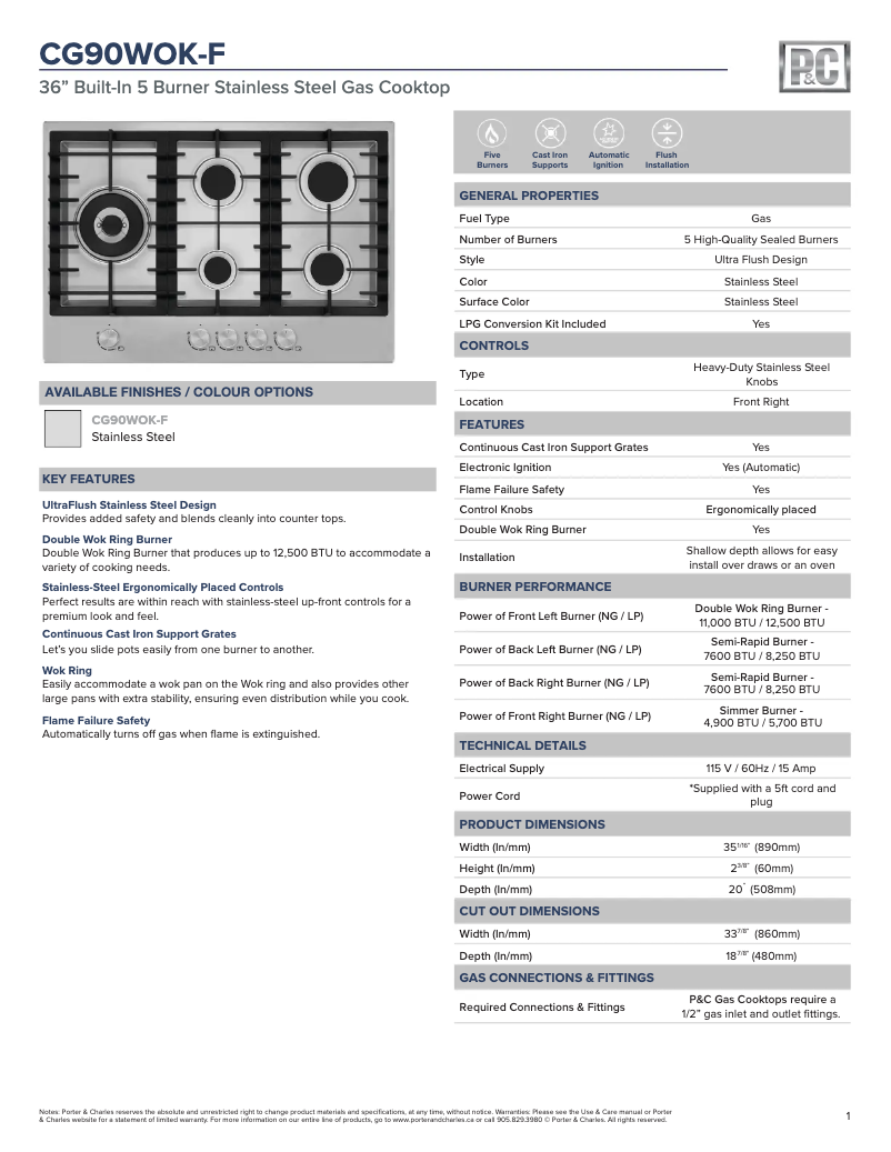 Page 1 de la notice Fiche technique Porter & Charles CG90WOK-F
