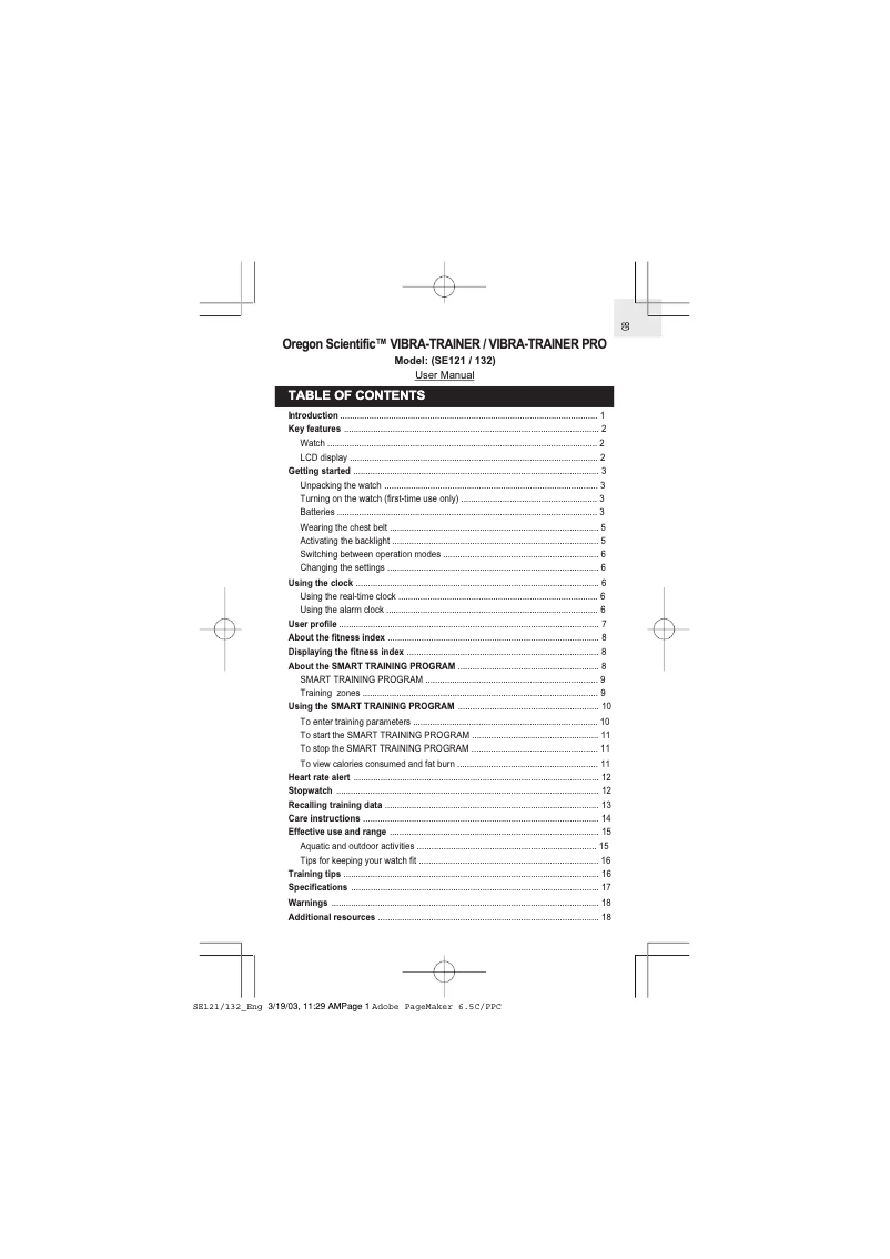 Page 1 de la notice Manuel utilisateur Oregon Scientific Vibra Trainer Pro SE132