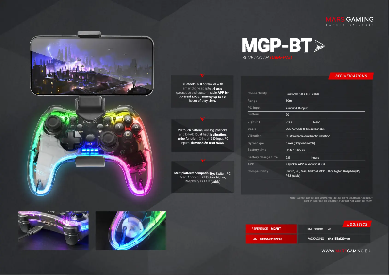 Page 1 de la notice Fiche technique Mars Gaming MGP-BT