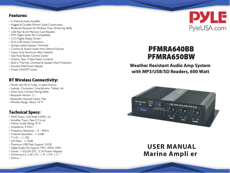 Page 1 de la notice Manuel utilisateur Pyle PFMRA650BW