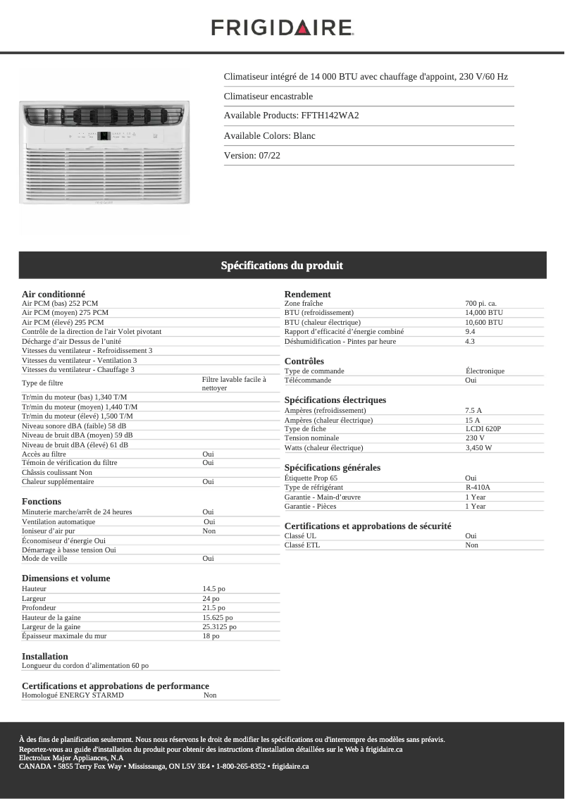 Page 1 de la notice Fiche technique Frigidaire FFTH142WA2
