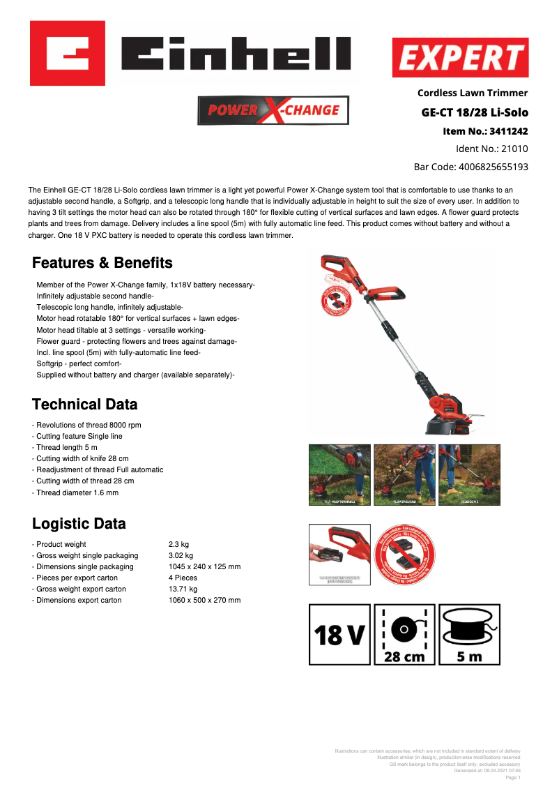 Page 1 de la notice Fiche technique Einhell GE-CT 18/28 Li