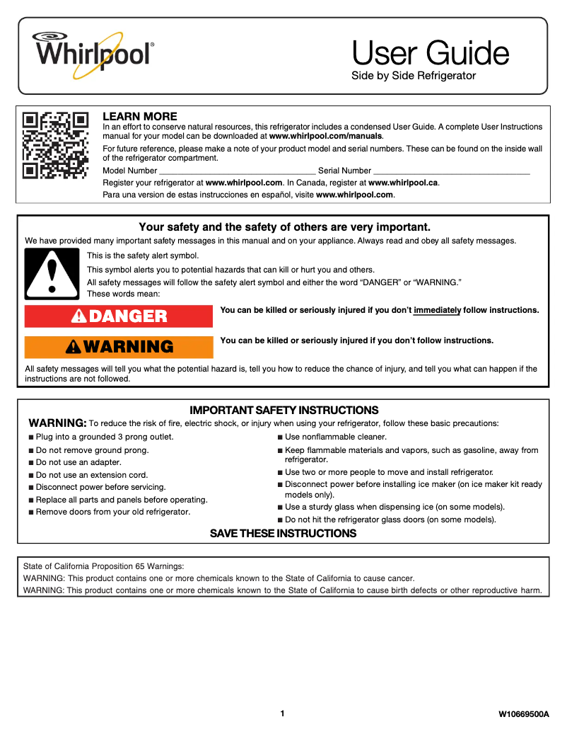 Page 1 de la notice Guide de démarrage rapide Whirlpool WRS571CIHZ