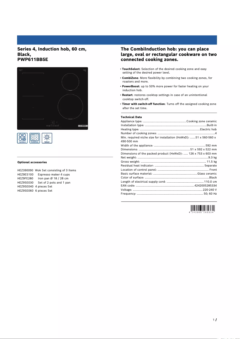 Page 1 de la notice Fiche technique Bosch PWP611BB5E