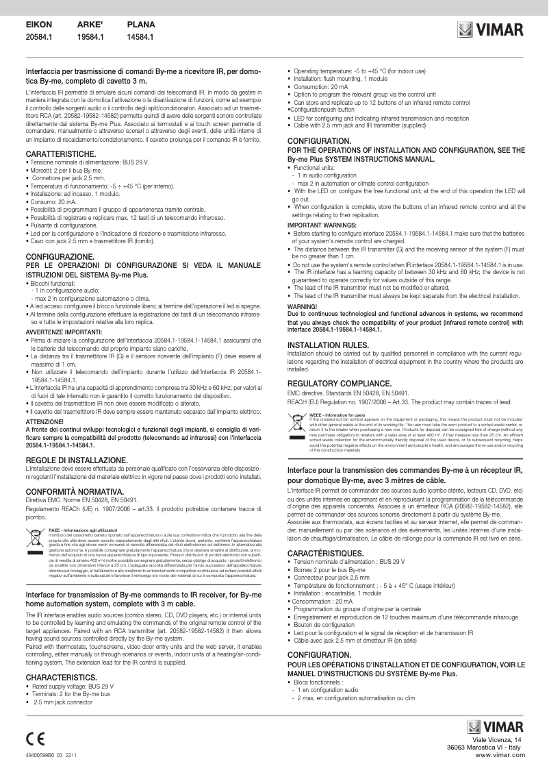 Page n°1 - Manuel utilisateur Vimar 20584.1