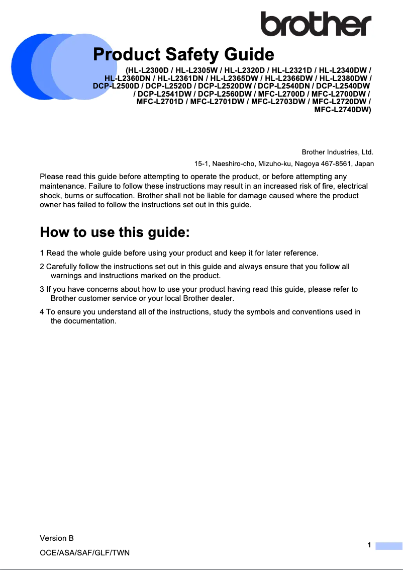 Page n°1 - Instructions de sécurité Brother HL-L2380DW