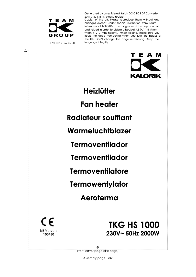 Page n°1 - Manuel utilisateur Kalorik TKG HS 1000