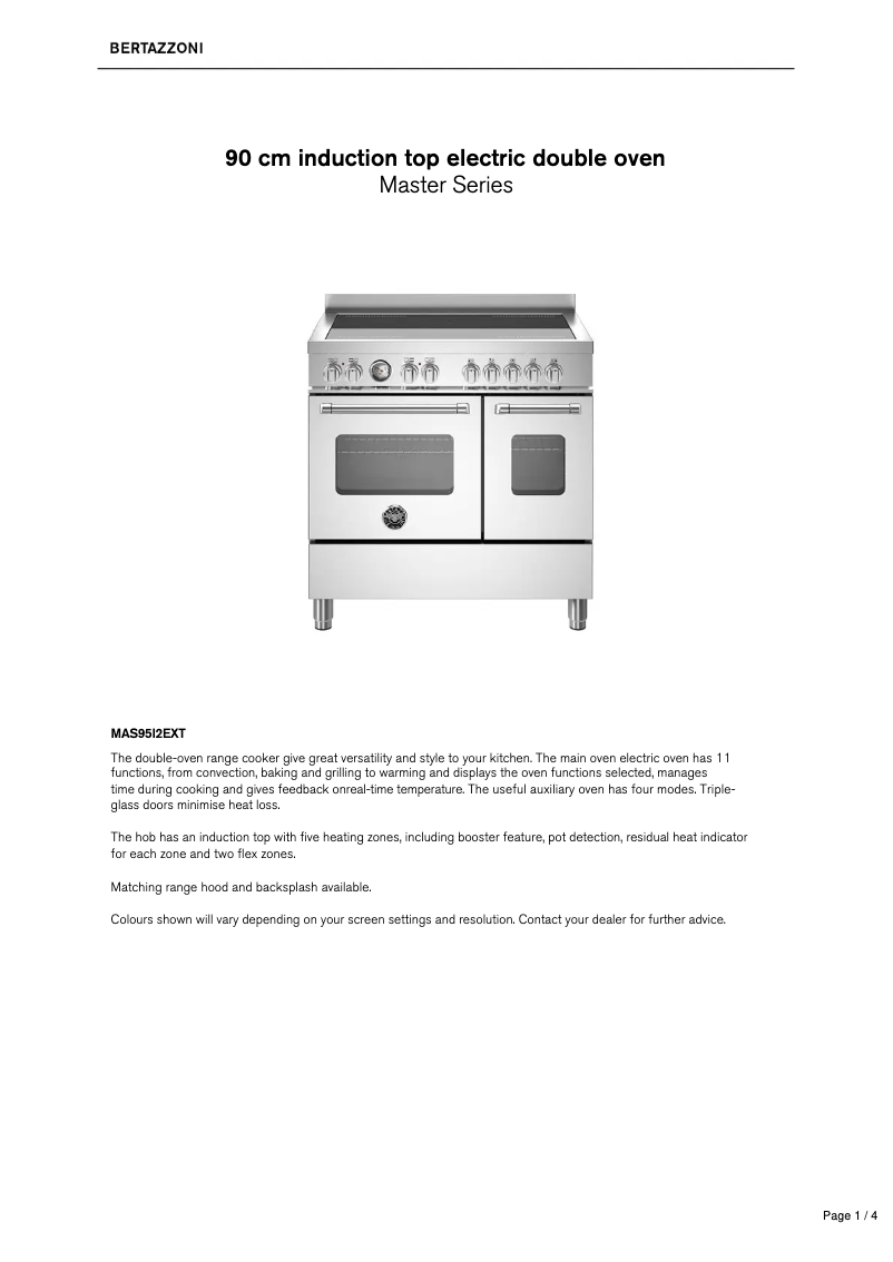 Page 1 de la notice Fiche technique Bertazzoni MAS95I2EXT