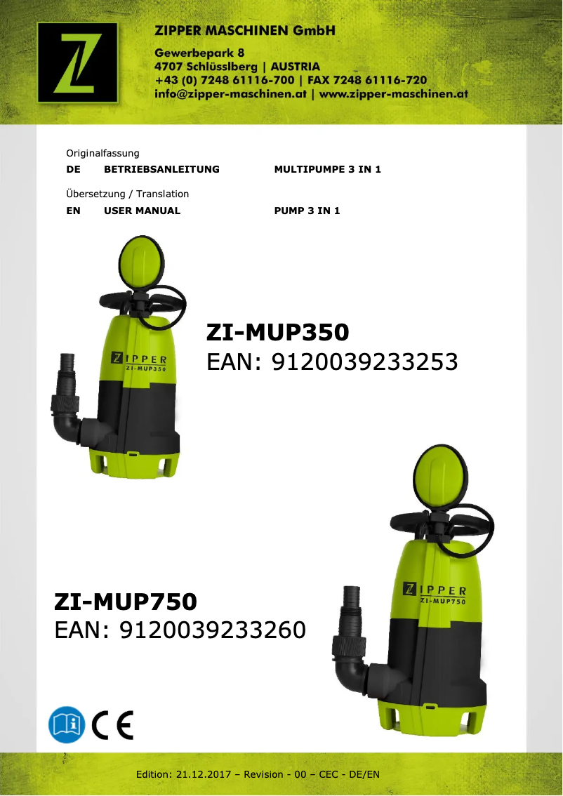 Page n°1 - Manuel utilisateur Zipper ZI-MUP350