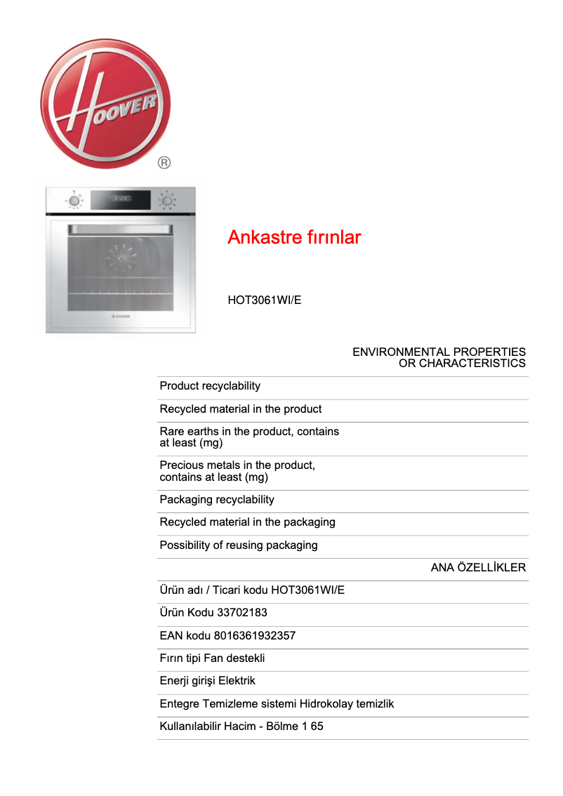 Page n°1 - Fiche technique Hoover HOT3061WI/E