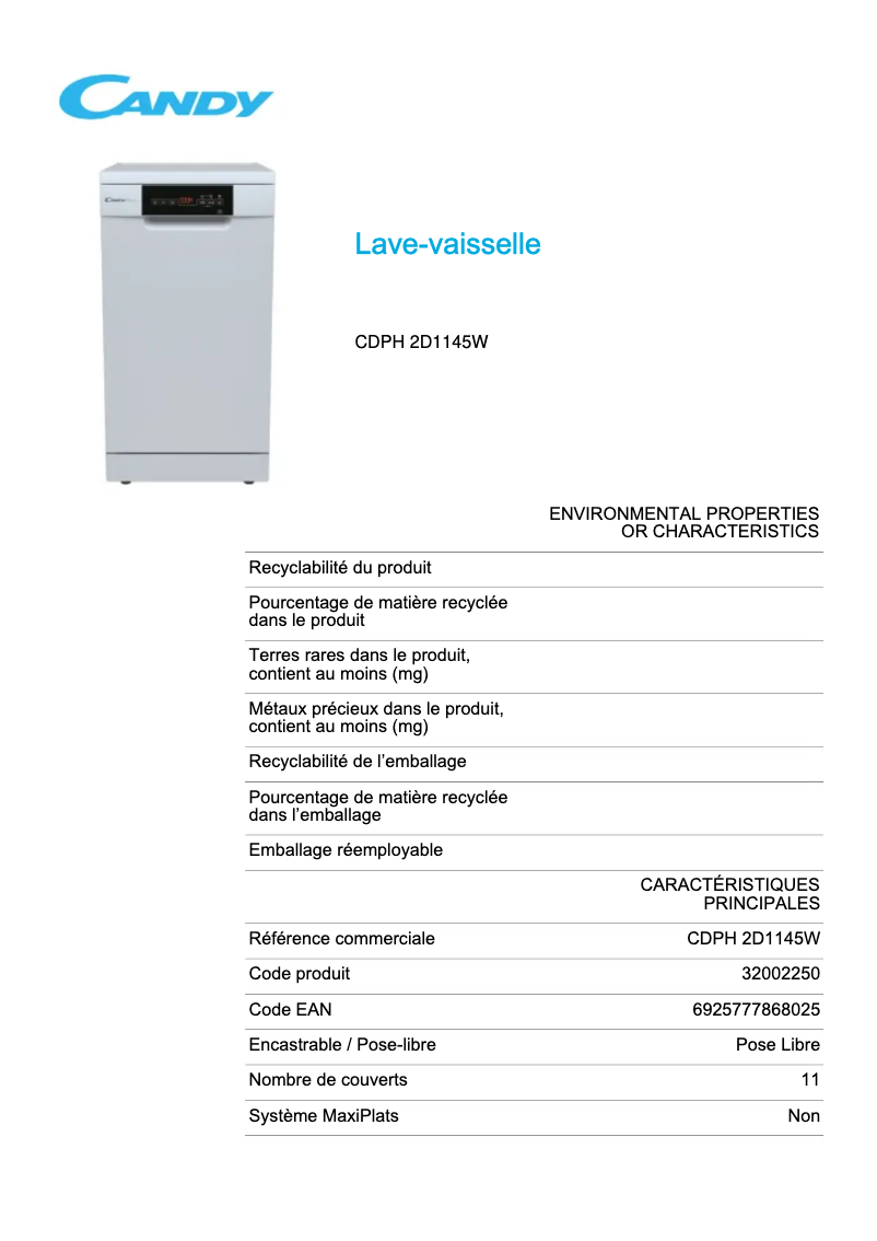 Page 1 de la notice Fiche technique Candy CDPH 2D1145W