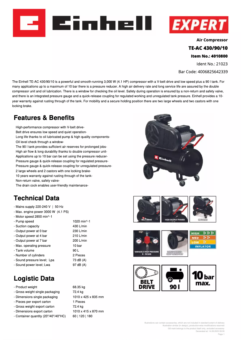 Page 1 de la notice Fiche technique Einhell TE-AC 430/90/10