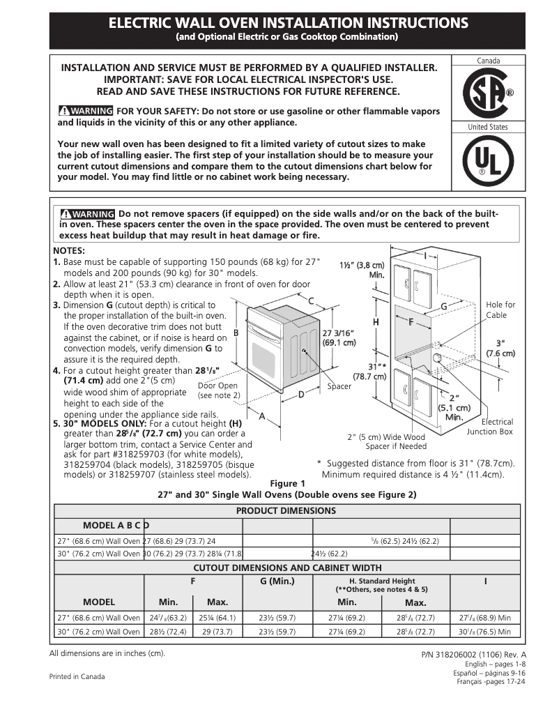 Page n°1 - Guide d'installation Frigidaire FFET2725LS