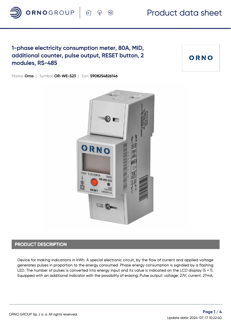 Page 1 de la notice Fiche technique ORNO OR-WE-523