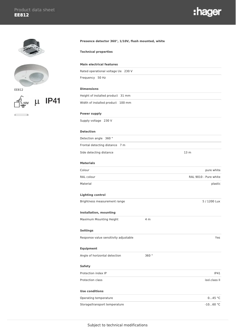 Page 1 de la notice Fiche technique Hager EE812