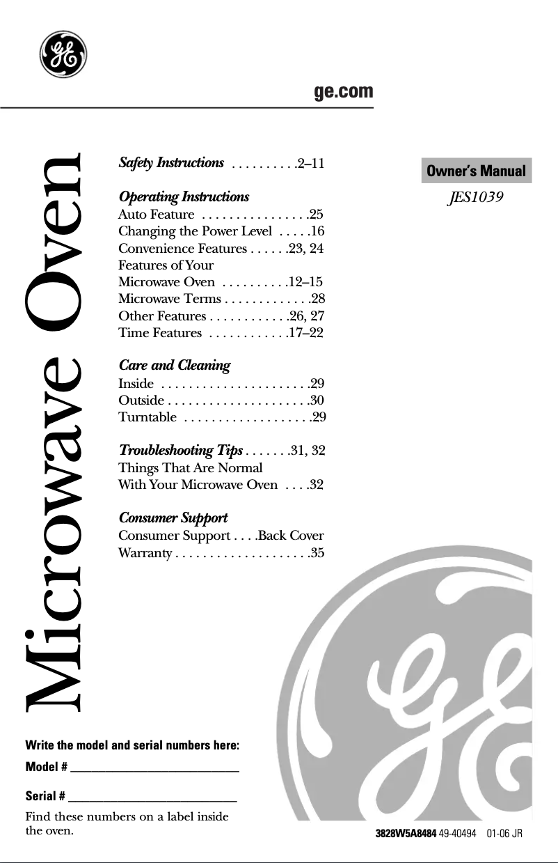 Page 1 de la notice Manuel d'utilisation et d'entretien GE JES1039WJ