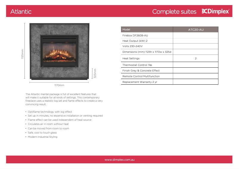 Page 1 de la notice Fiche technique Dimplex ATC20-AU