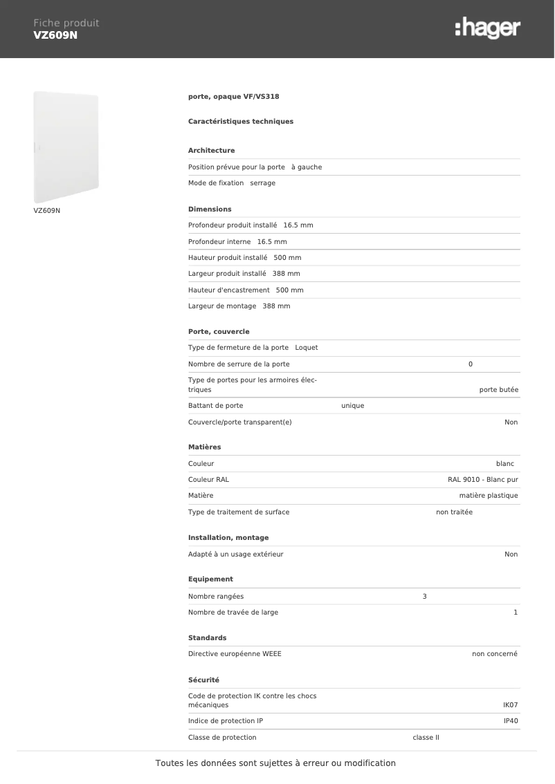 Page n°1 - Fiche technique Hager VZ609N