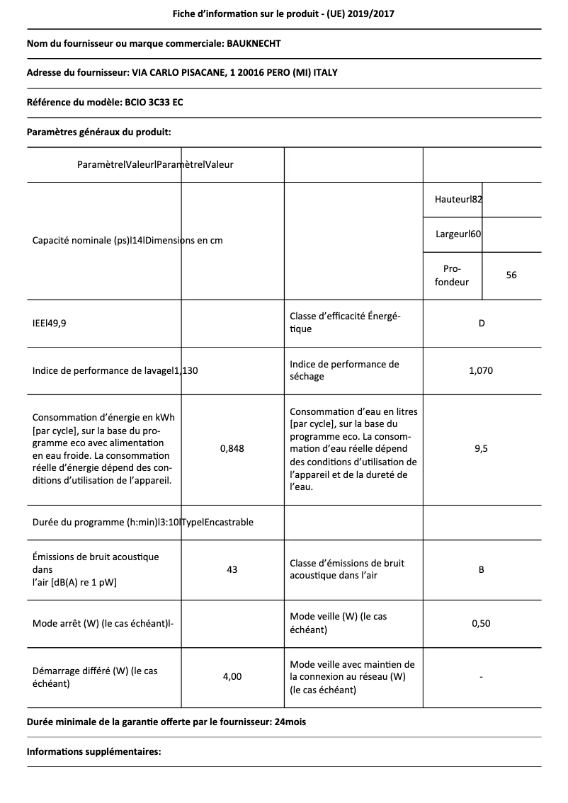 Page 1 de la notice Fiche technique Bauknecht BCIO 3C33 EC