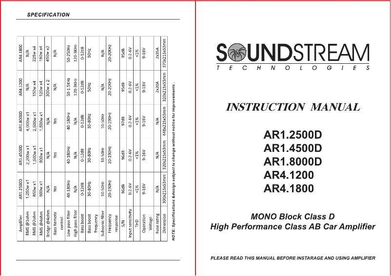 Page 1 de la notice Manuel utilisateur Soundstream AR1.4500D