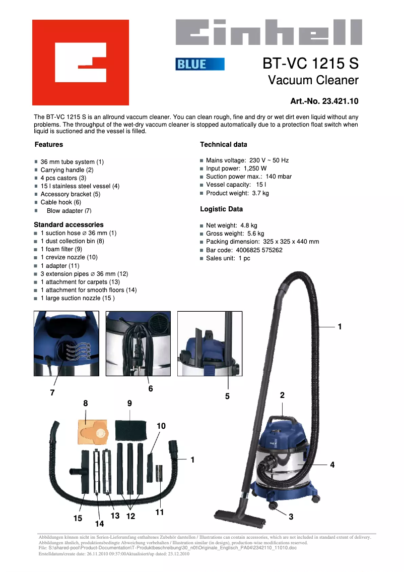 Image de la première page du manuel de l'appareil BT-VC 1215 S