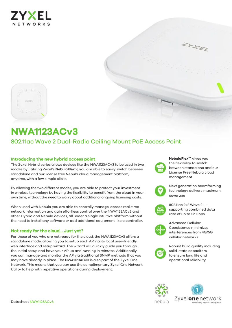 Page 1 of the manual Technical Sheet ZyXEL NWA1123ACv3
