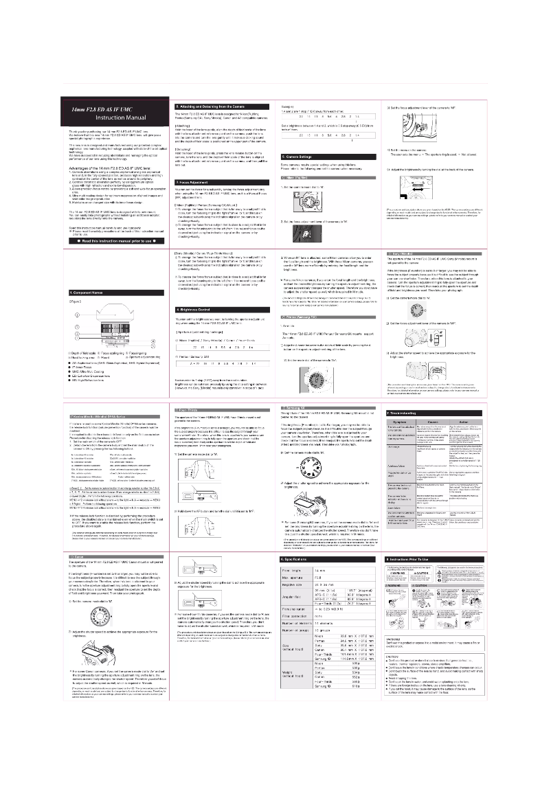 Page 1 de la notice Manuel utilisateur Samyang 14mm f/2.8 Aspherical IF ED UMC Canon