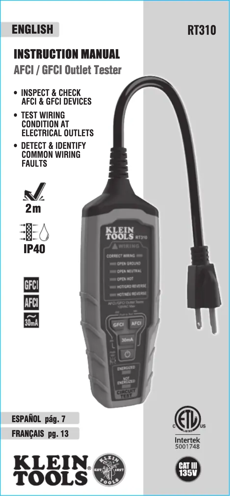 Page 1 de la notice Manuel utilisateur Klein Tools RT310