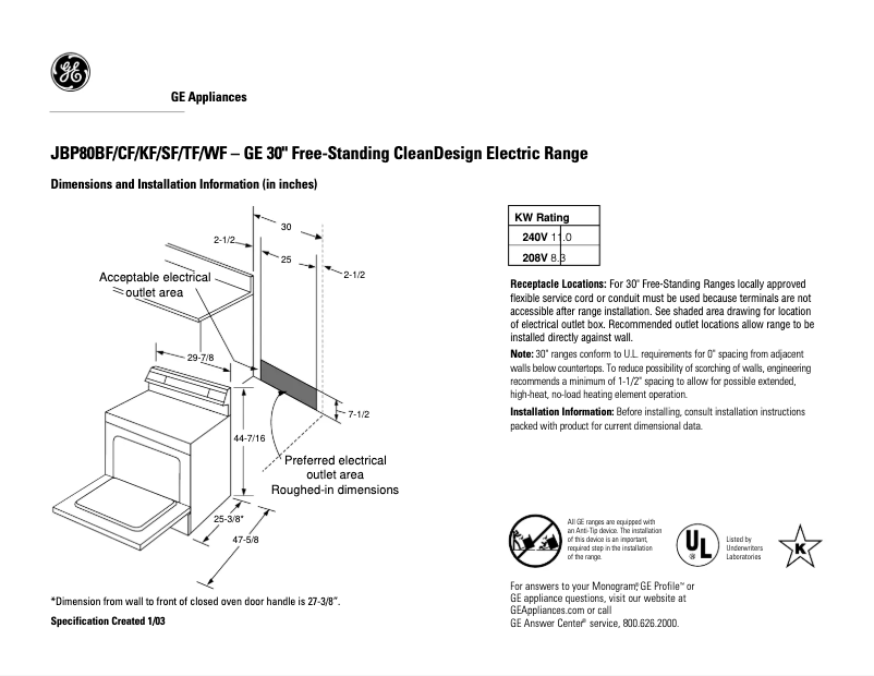 Page 1 of the manual Technical Sheet GE JBP80CFCC